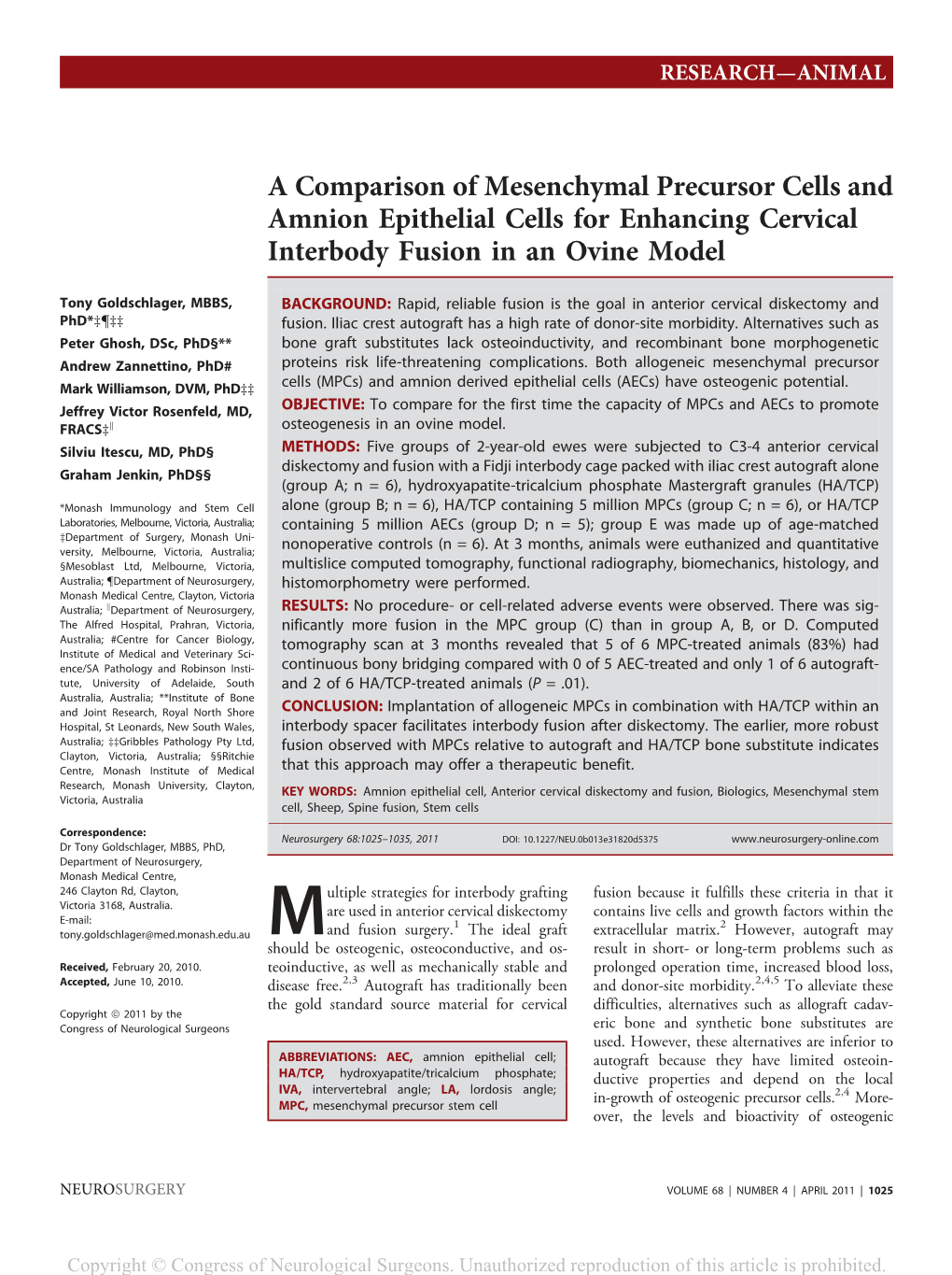 A Comparison of Mesenchymal Precursor Cells and Amnion Epithelial Cells for Enhancing Cervical Interbody Fusion in an Ovine Model