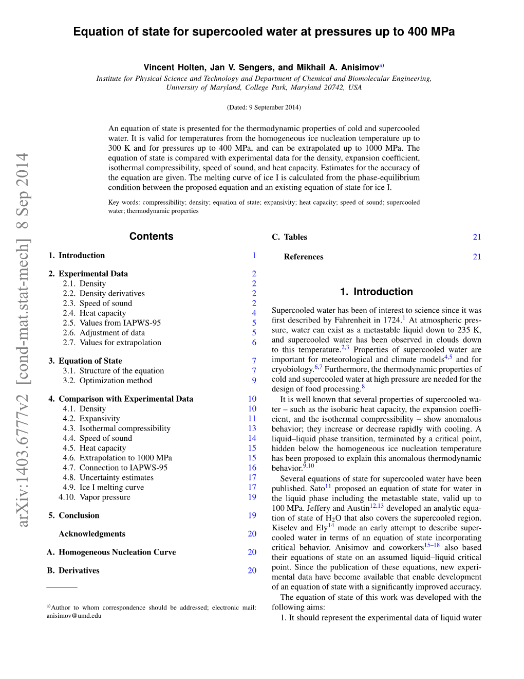 Equation of State for Supercooled Water at Pressures up to 400 Mpa