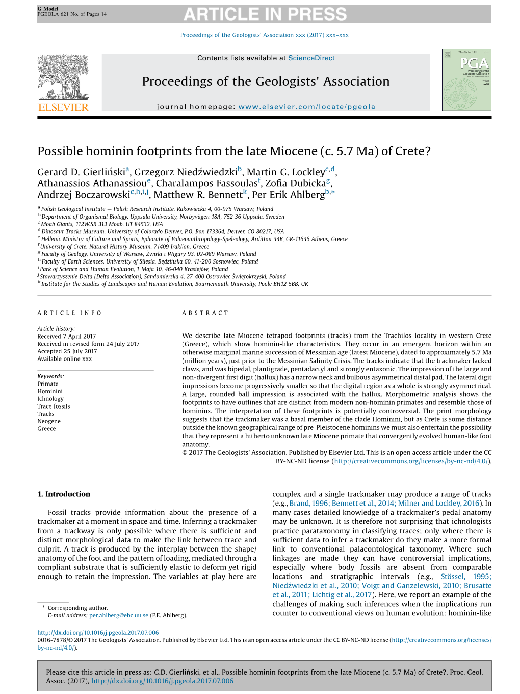 Possible Hominin Footprints from the Late Miocene (C. 5.7 Ma) of Crete?