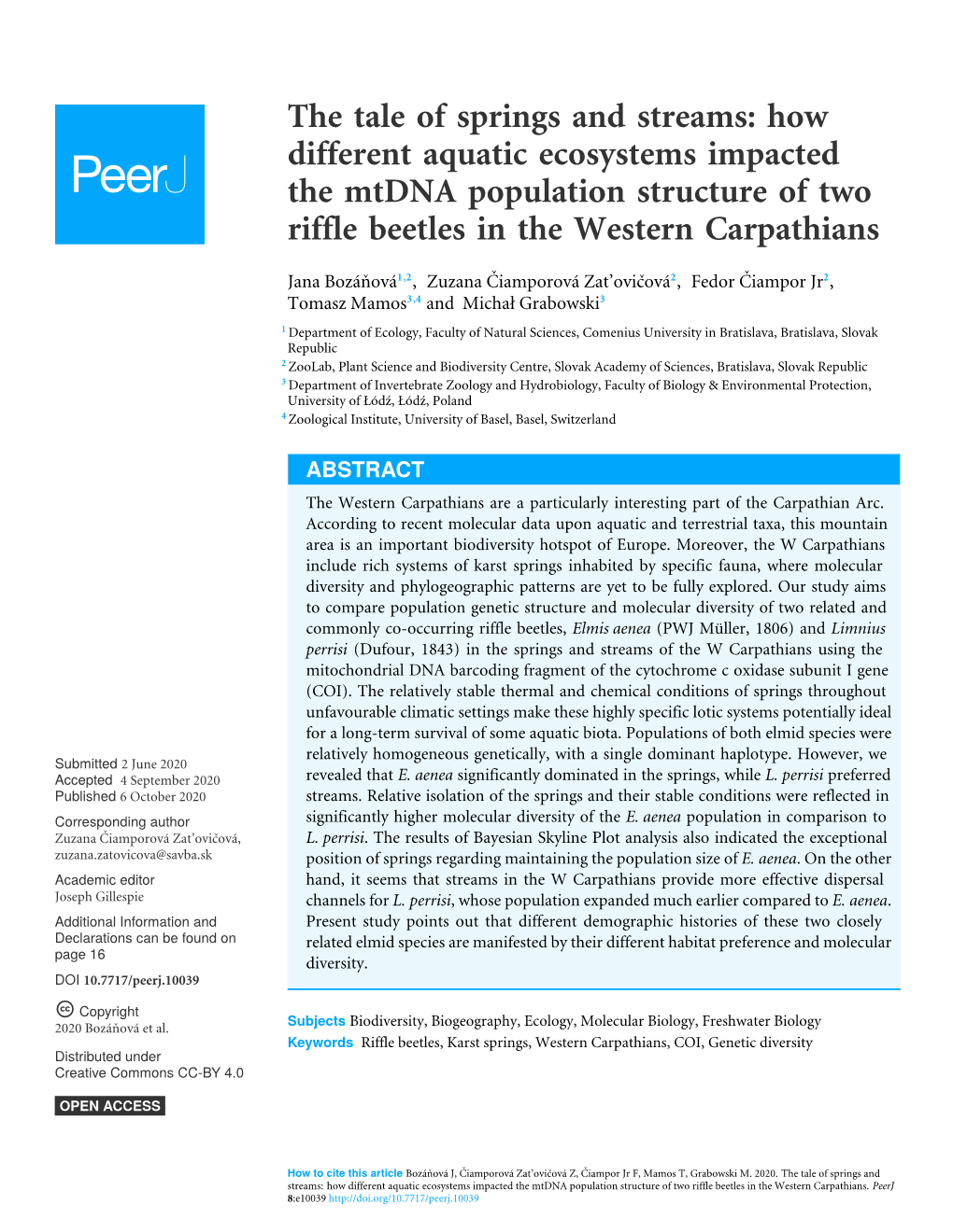 How Different Aquatic Ecosystems Impacted the Mtdna Population Structure of Two Riffle Beetles in the Western Carpathians