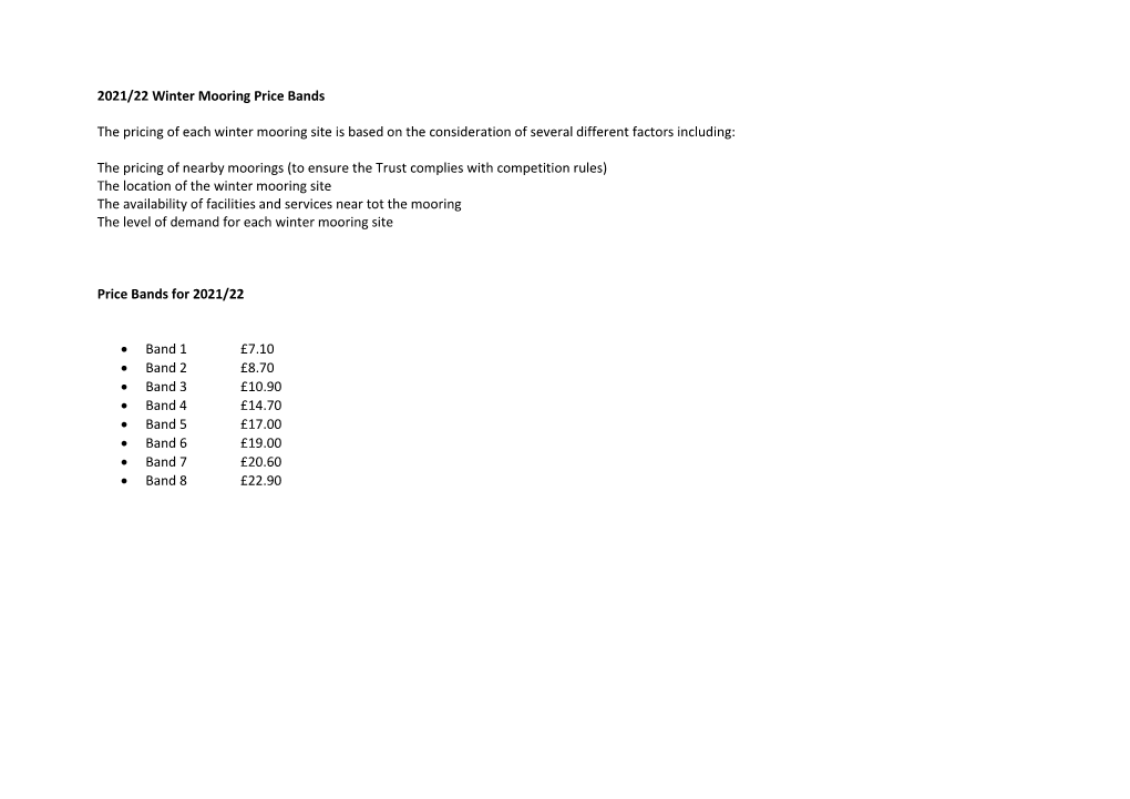 2020/21 Winter Mooring Price Bands the Pricing Of