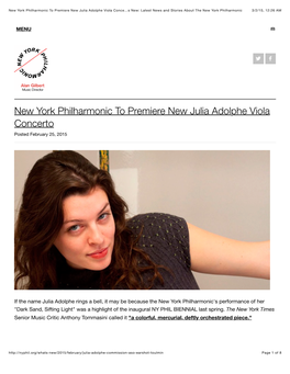 New York Philharmonic to Premiere New Julia Adolphe Viola Concerto Posted February 25, 2015