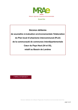 Plui) De La Communauté De Communes Interdépartementale Cœur Du Pays Haut (54 Et 55), Relatif Au Bassin De Landres