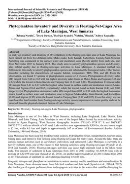 Phytoplankton Inventory and Diversity in Floating-Net-Cages Area of Lake