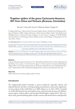 Trapdoor Spiders of the Genus Cyclocosmia Ausserer, 1871 from China and Vietnam (Araneae, Ctenizidae)