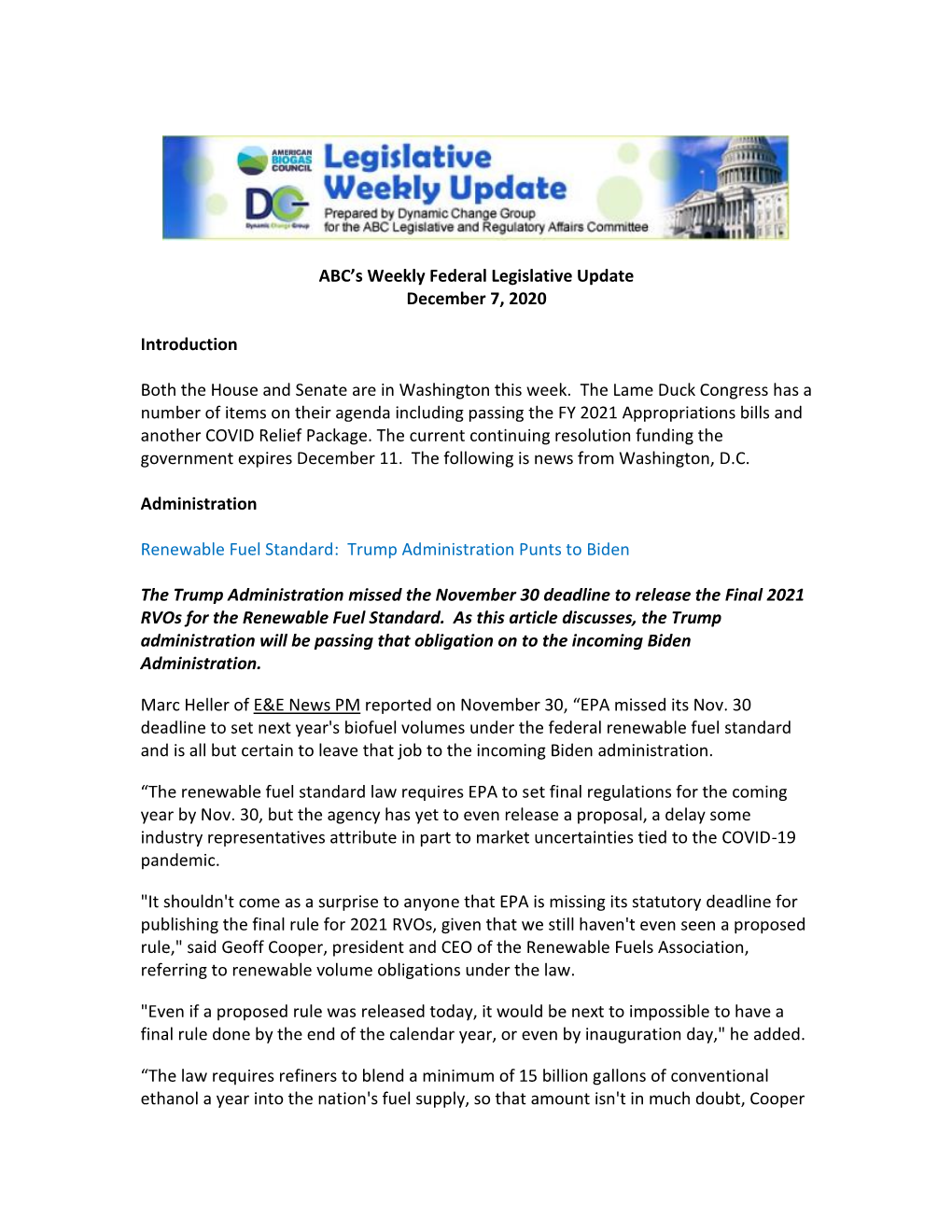 ABC's Weekly Federal Legislative Update December 7, 2020