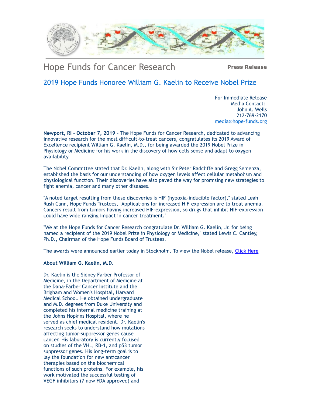 Hope Funds for Cancer Research Press Release