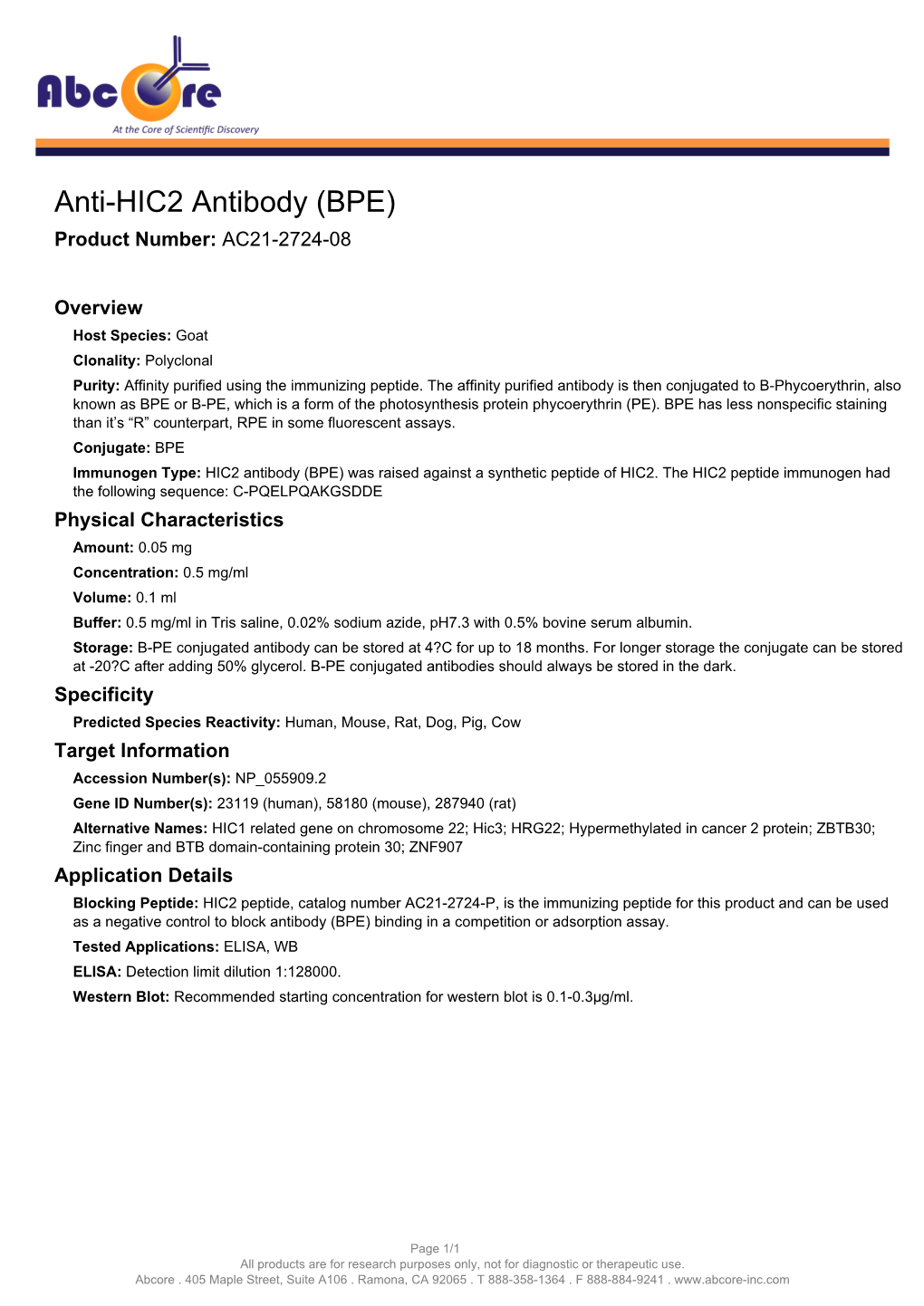 Anti-HIC2 Antibody (BPE) Product Number: AC21-2724-08