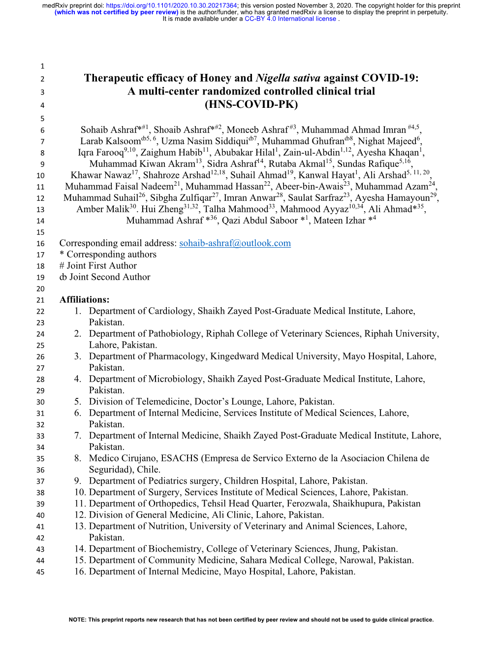 Therapeutic Efficacy of Honey and Nigella Sativa Against COVID-19: a Multi-Center Randomized Controlled Clinical Trial (HNS-COVI