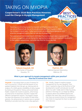 TAKING on MYOPIA Coopervision’S 2020 Best Practices Honorees Lead the Charge in Myopia Management