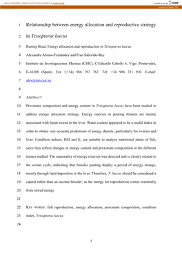 Relationship Between Energy Allocation and Reproductive Strategy in Trisopterus Luscus
