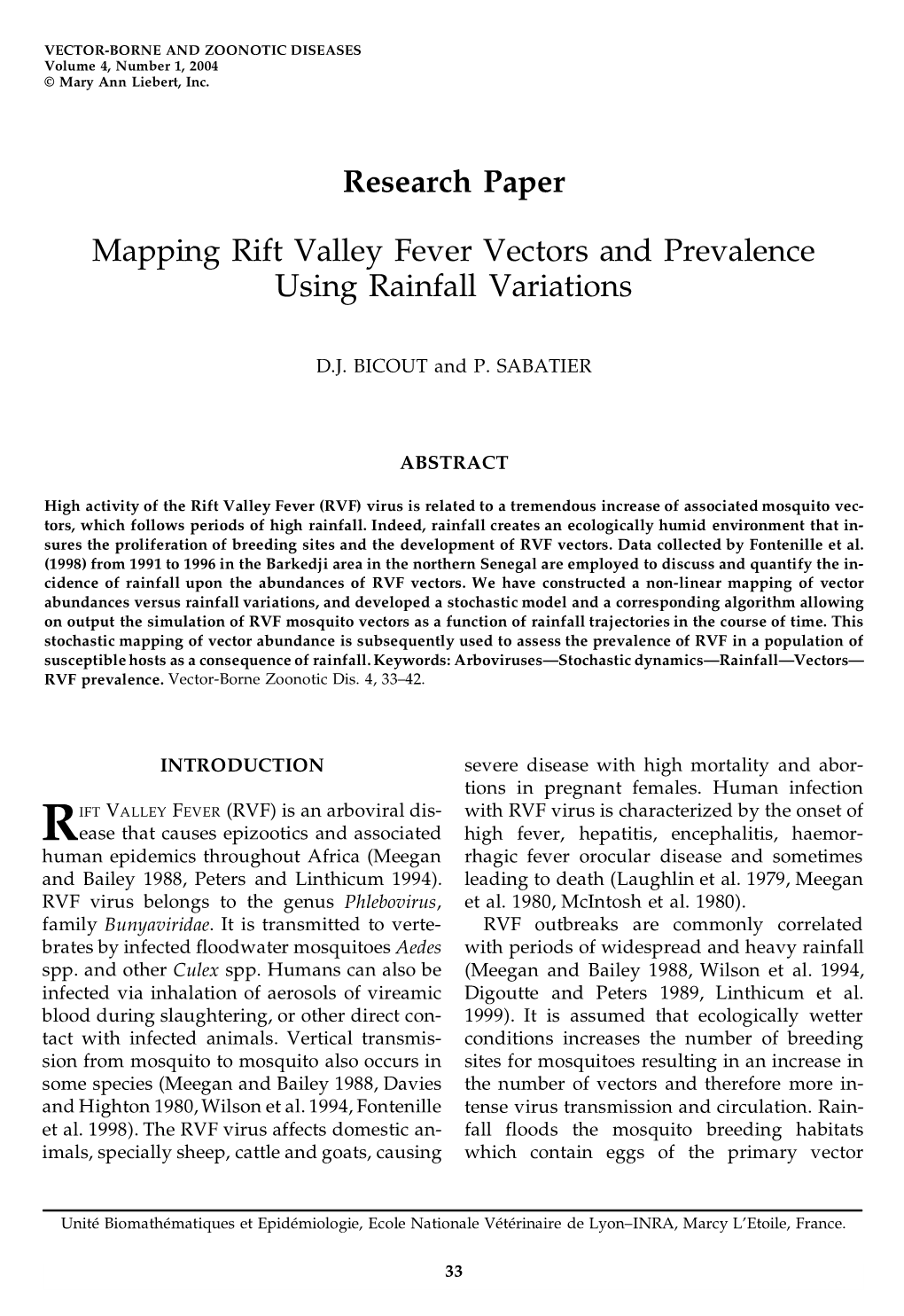 Mapping Rift Valley Fever Vectors and Prevalence Using Rainfall Variations