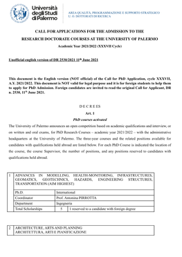 CALL for APPLICATIONS for the ADMISSION to the RESEARCH DOCTORATE COURSES at the UNIVERSITY of PALERMO Academic Year 2021/2022 (XXXVII Cycle)