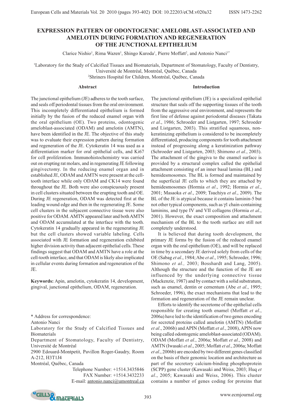 Pages 393-402) DOI: 10.22203/Ecm.V020a32 Formation/Regeneration of Junctional ISSN Epithelium1473-2262