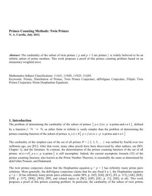 Primes Counting Methods: Twin Primes 1. Introduction