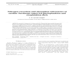 Nitrogen Excretion and Absorption Efficiencies of Sardine Sardinops Sagax Fed Phytoplankton and Zooplankton Diets