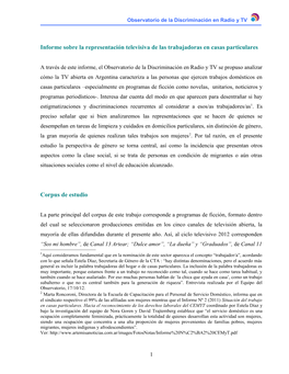 Informe Sobre La Representación Televisiva De Las Trabajadoras En Casas Particulares Corpus De Estudio