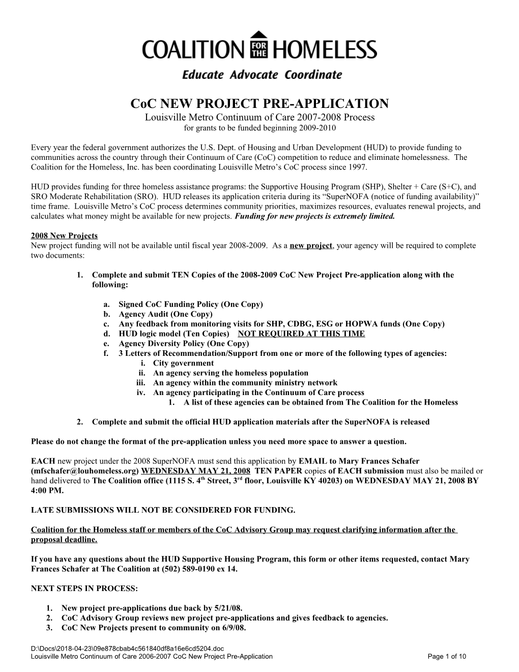 Coc NEW PROJECT PRE-APPLICATION