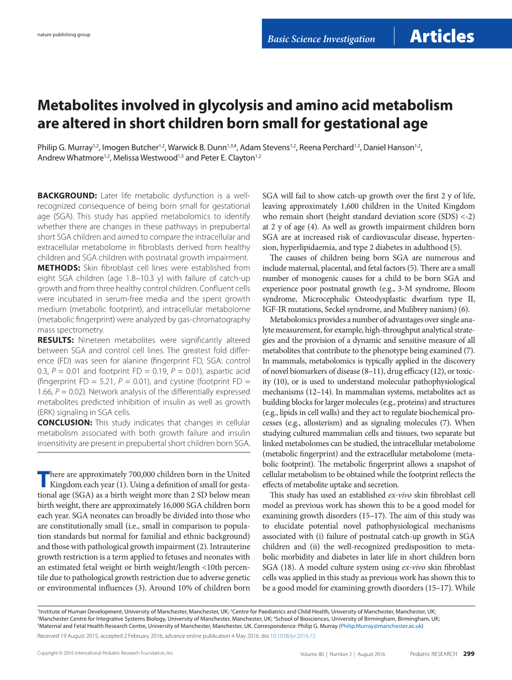 Metabolites Involved in Glycolysis and Amino Acid Metabolism Are Altered in Short Children Born Small for Gestational Age