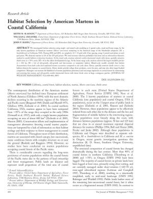 Habitat Selection by American Martens in Coastal California