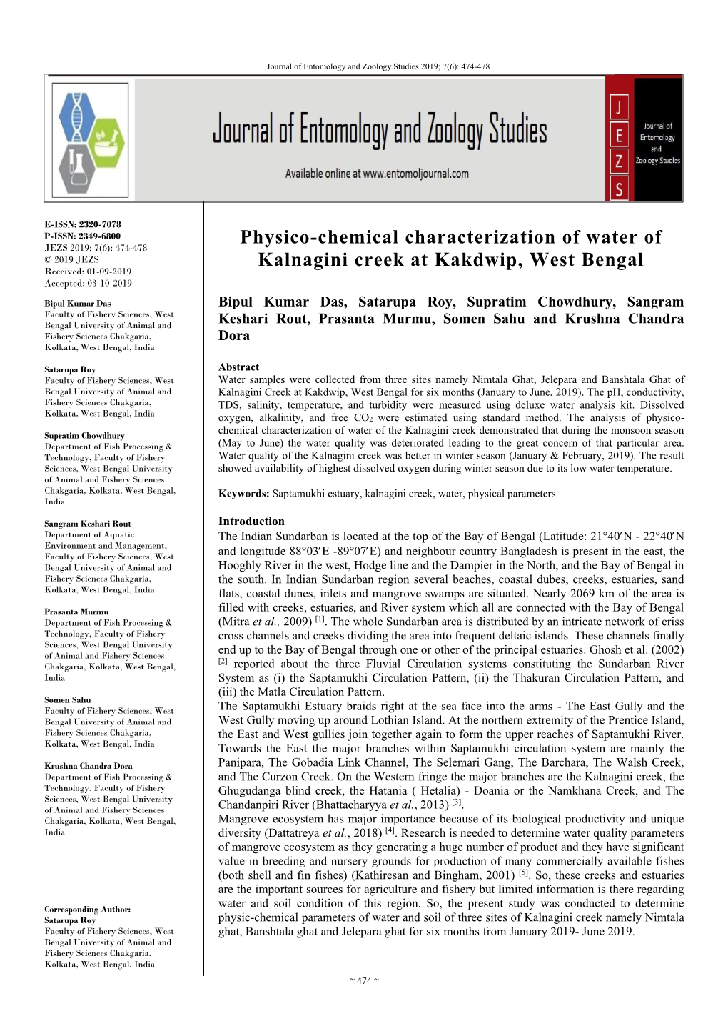 Physico-Chemical Characterization of Water of Kalnagini Creek at Kakdwip