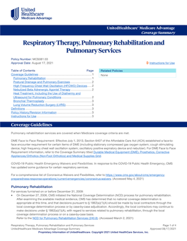 Respiratory Therapy, Pulmonary Rehabilitation and Pulmonary Services – Medicare Advantage Coverage Summary