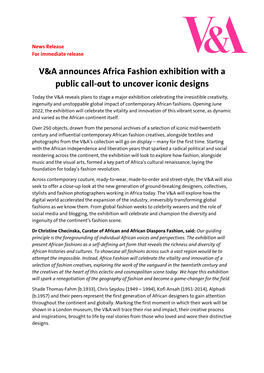 V&A Announces Africa Fashion Exhibition with a Public Call-Out To
