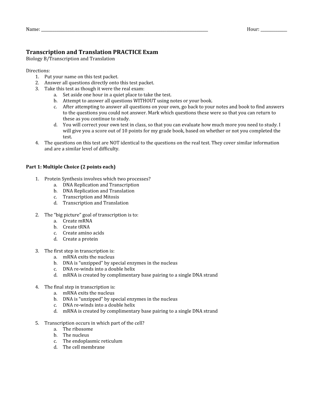 Transcription and Translation PRACTICE Exam