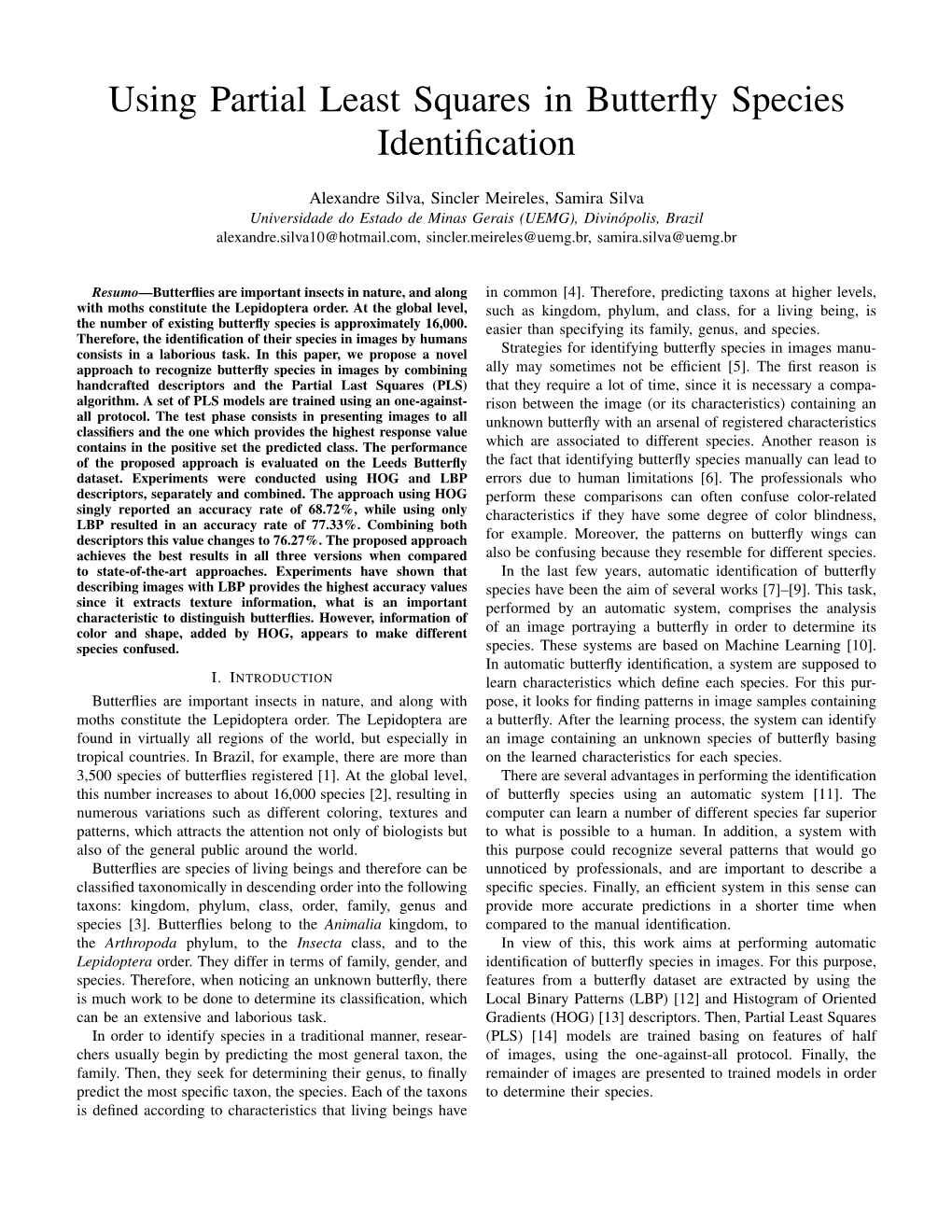 Using Partial Least Squares in Butterfly Species Identification