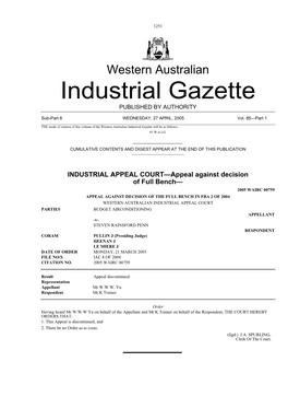 Western Australian Industrial Gazette PUBLISHED by AUTHORITY