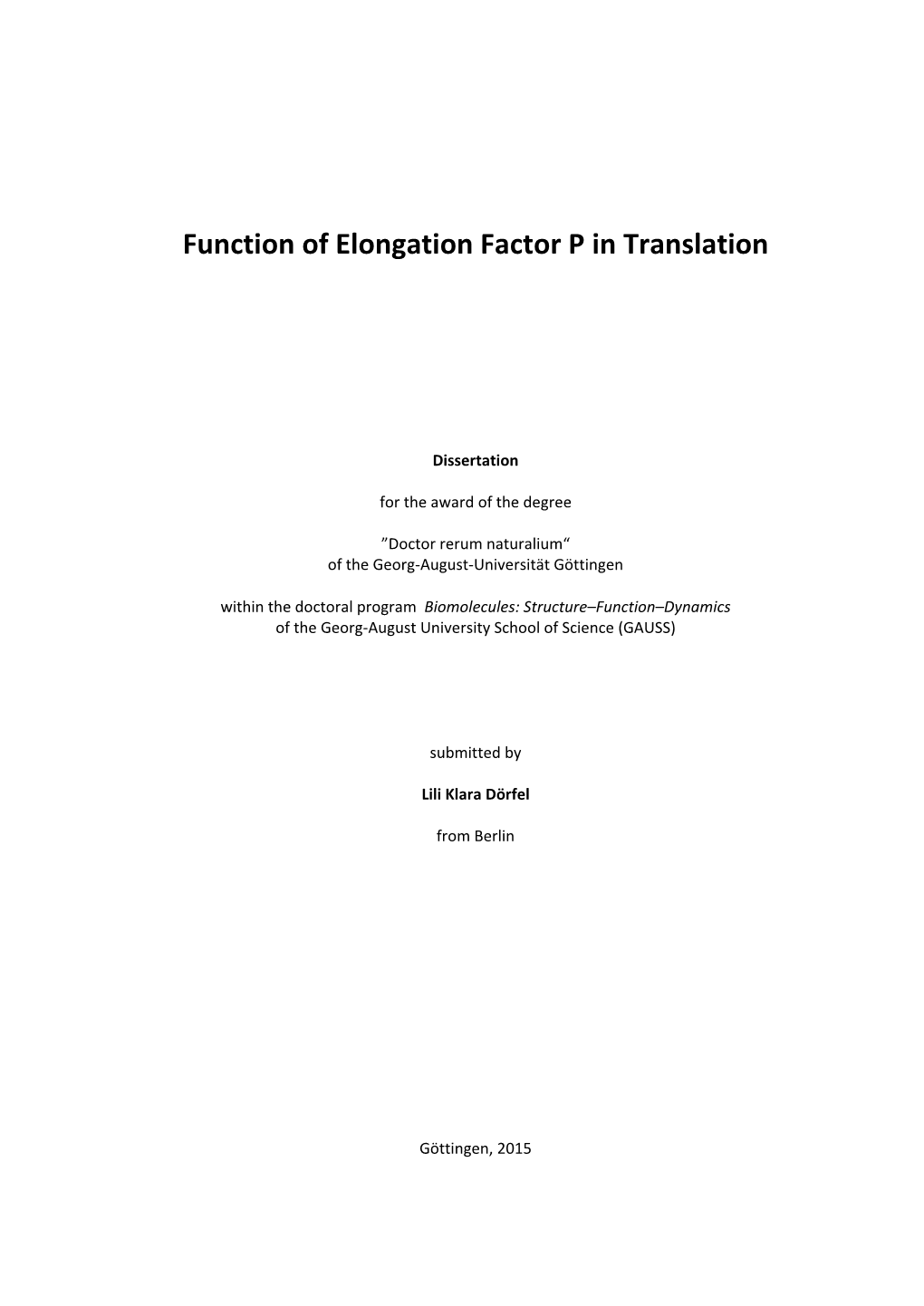 Function of Elongation Factor P in Translation