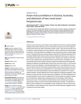 Avian Viral Surveillance in Victoria, Australia, and Detection of Two Novel Avian Herpesviruses