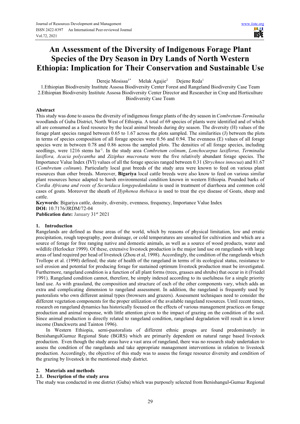 An Assessment of the Diversity of Indigenous Forage Plant Species of the Dry Season in Dry Lands of North Western Ethiopia