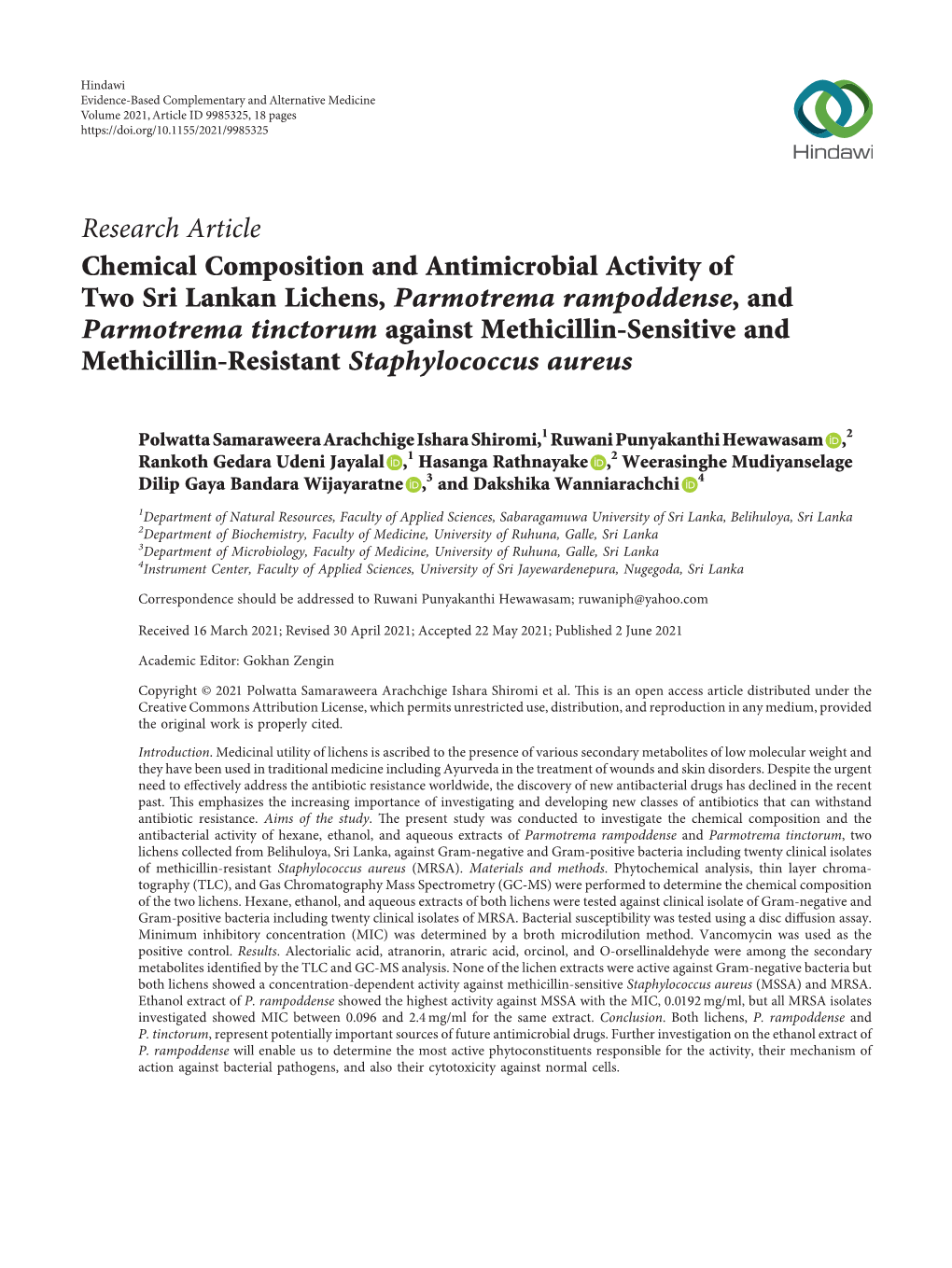 Chemical Composition and Antimicrobial Activity of Two Sri