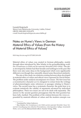 Notes on Hume's Views in German Material Ethics of Values (From The