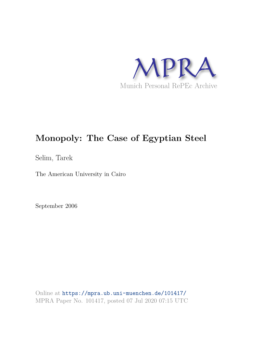 Monopoly: the Case of Egyptian Steel