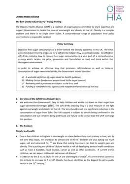 Obesity Health Alliance the Soft Drinks Industry Levy – Policy Briefing the Obesity Health Alliance (OHA) Is a Coalition of Or