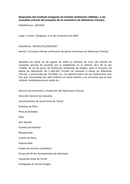 Respuesta Del Instituto Aragonés De Gestión Ambiental (INAGA), a Las Consultas Previas Del Proyecto De La Cementera De Albentosa (Teruel)