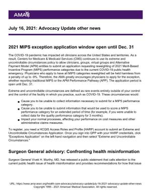 Advocacy Update Other News 2021 MIPS Exception Application Window Open Until Dec. 31