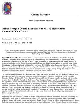 County Executive Prince George's County Launches War of 1812
