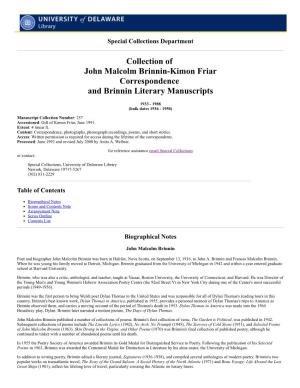 Collection of John Malcolm Brinnin-Kimon Friar Correspondence and Brinnin Literary Manuscripts