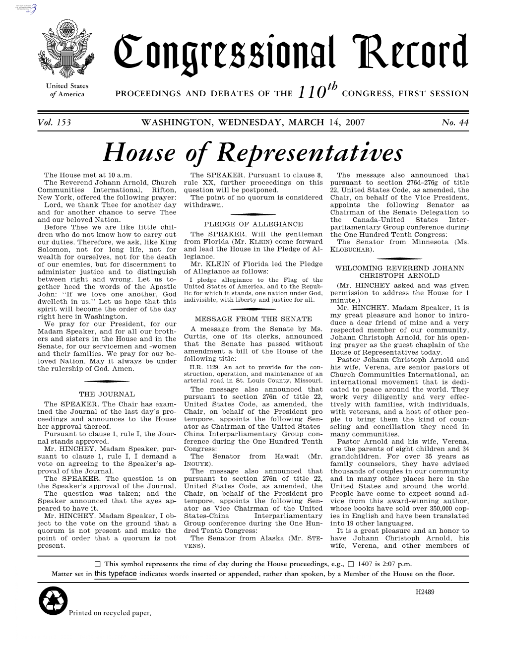 Congressional Record United States Th of America PROCEEDINGS and DEBATES of the 110 CONGRESS, FIRST SESSION