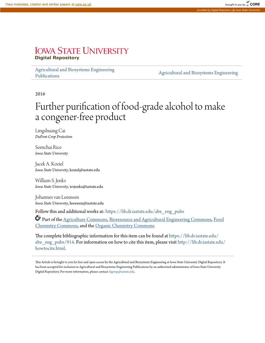 Further Purification of Food‐Grade Alcohol to Make a Congener‐Free Product Lingshuang Cai Dupont Crop Protection