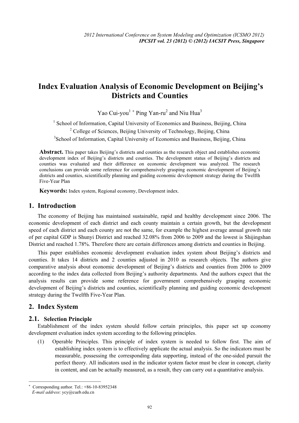 Evaluation Analysis of Economic Development on Beijing's Districts