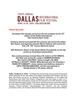 PRESS RELEASE the Dallas Film Society Announces the Full