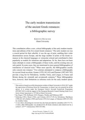 The Early Modern Transmission of the Ancient Greek Romances: a Bibliographic Survey
