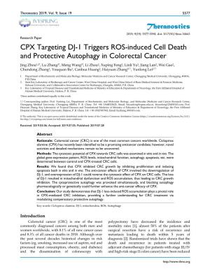 Theranostics CPX Targeting DJ-1 Triggers ROS-Induced Cell Death and Protective Autophagy in Colorectal Cancer