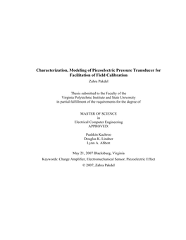 Characterization, Modeling of Piezoelectric Pressure Transducer for Facilitation of Field Calibration Zahra Pakdel