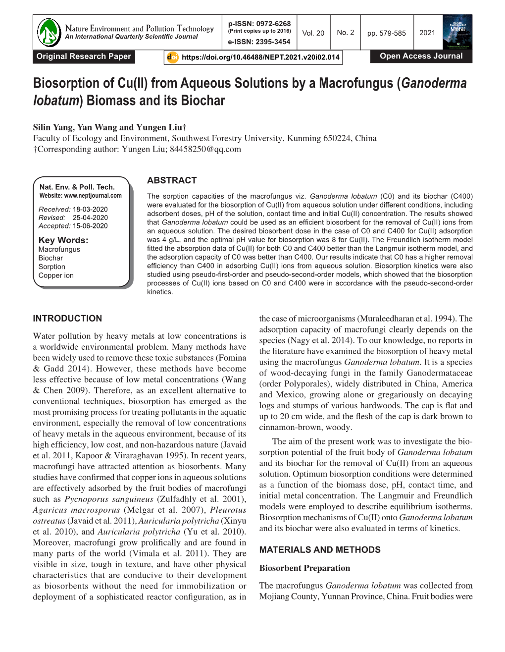 Biosorption of Cu(II) from Aqueous Solutions by a Macrofungus (Ganoderma Lobatum) Biomass and Its Biochar