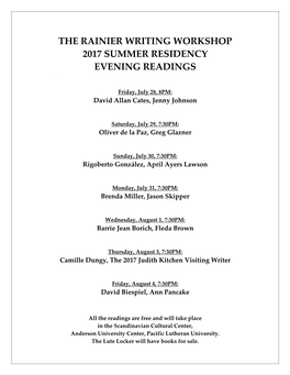 The Rainier Writing Workshop 2017 Summer Residency Evening Readings